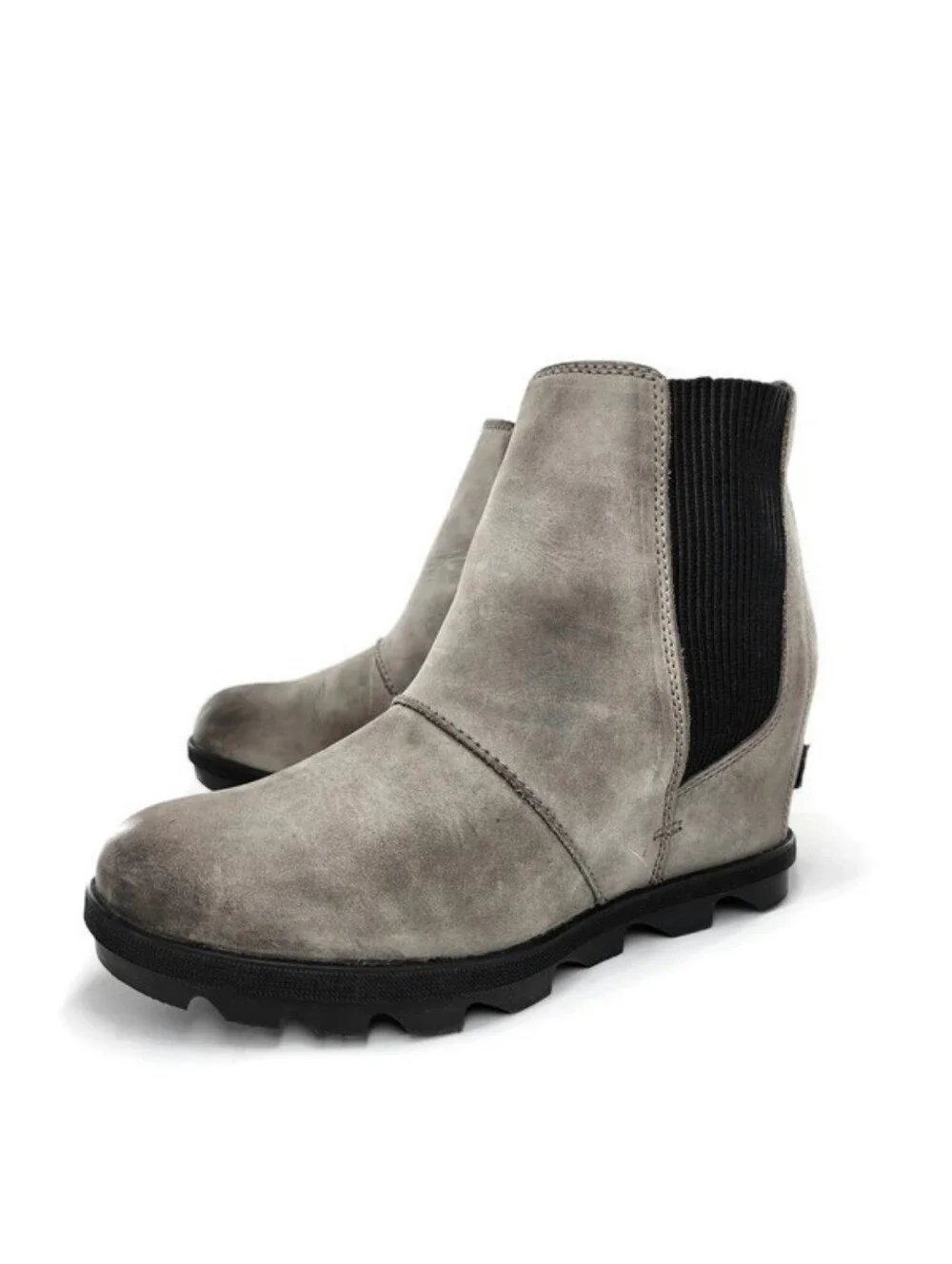 Sorel Joan of Arctic Grey Leather Waterproof Pull-On Lug-Sole Wedge Heel Boots